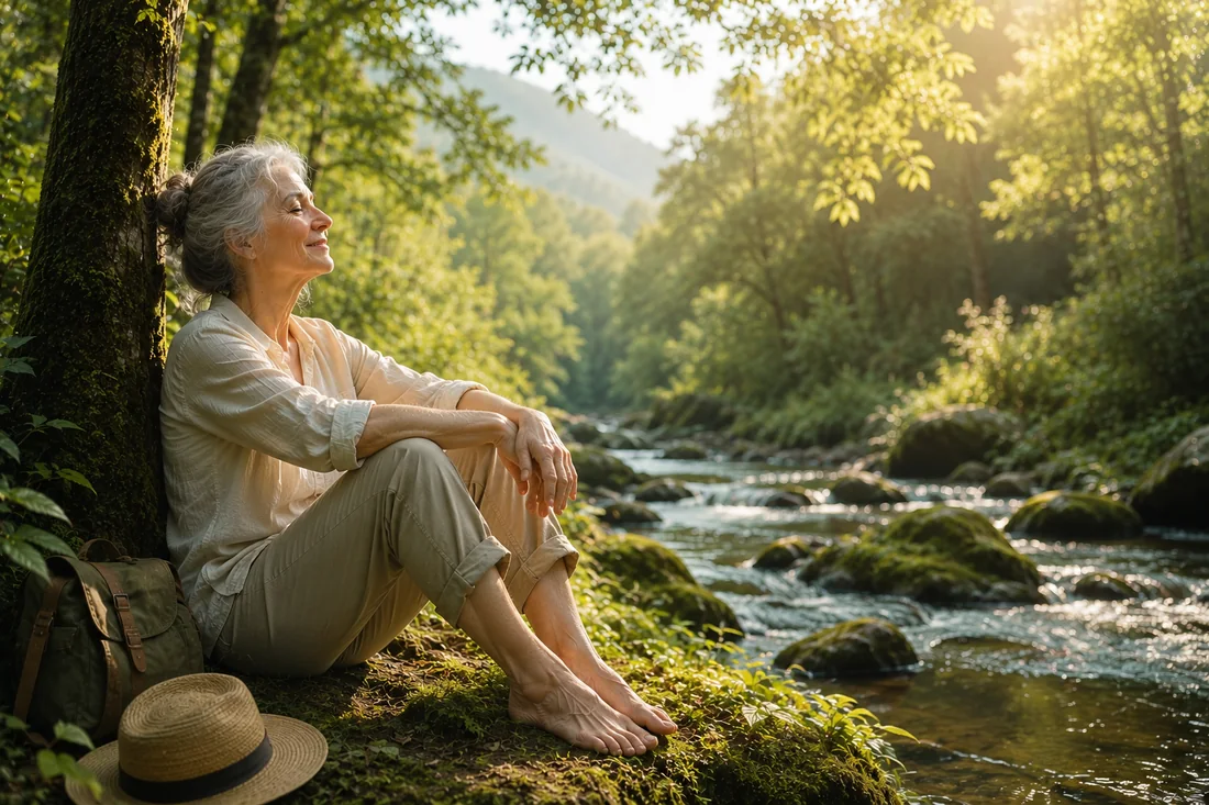 A retired man resting against a tree beside a sunlit forest stream