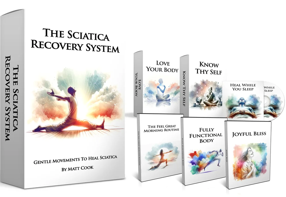 The Sciatica Recovery System — guided digital movement program shown on laptop, tablet and phone